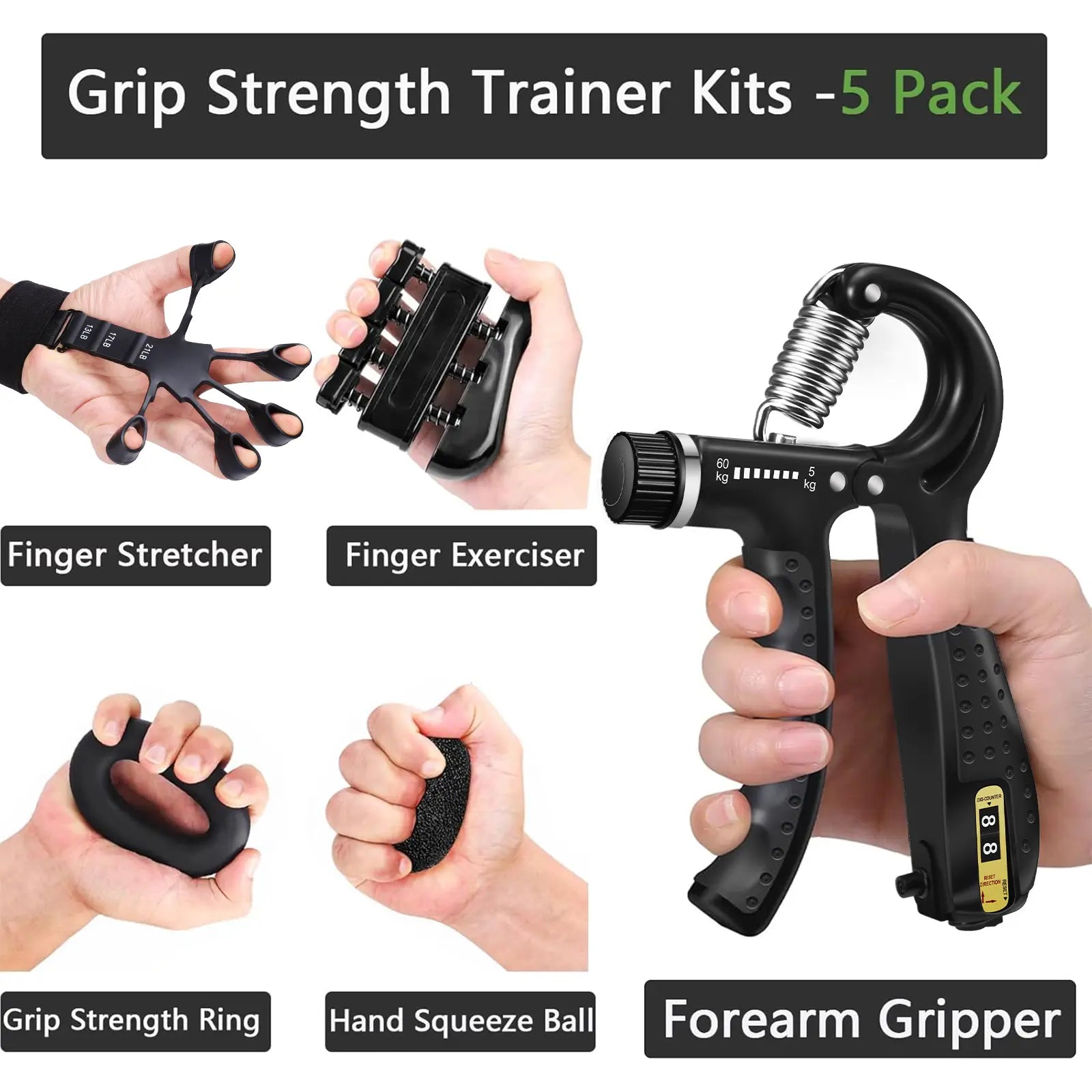 Hand Grip Strengthener Kit (5-In-1) | Grip Strength Trainer with Finger Exerciser, Forearm Strengthener, Stress Relief Ball & Hand Workout Ring for Muscle Building, Recovery & Therapy Forearm Exerciser Adjustable