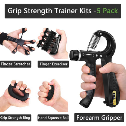 Hand Grip Strengthener Kit (5-In-1) | Grip Strength Trainer with Finger Exerciser, Forearm Strengthener, Stress Relief Ball & Hand Workout Ring for Muscle Building, Recovery & Therapy Forearm Exerciser Adjustable
