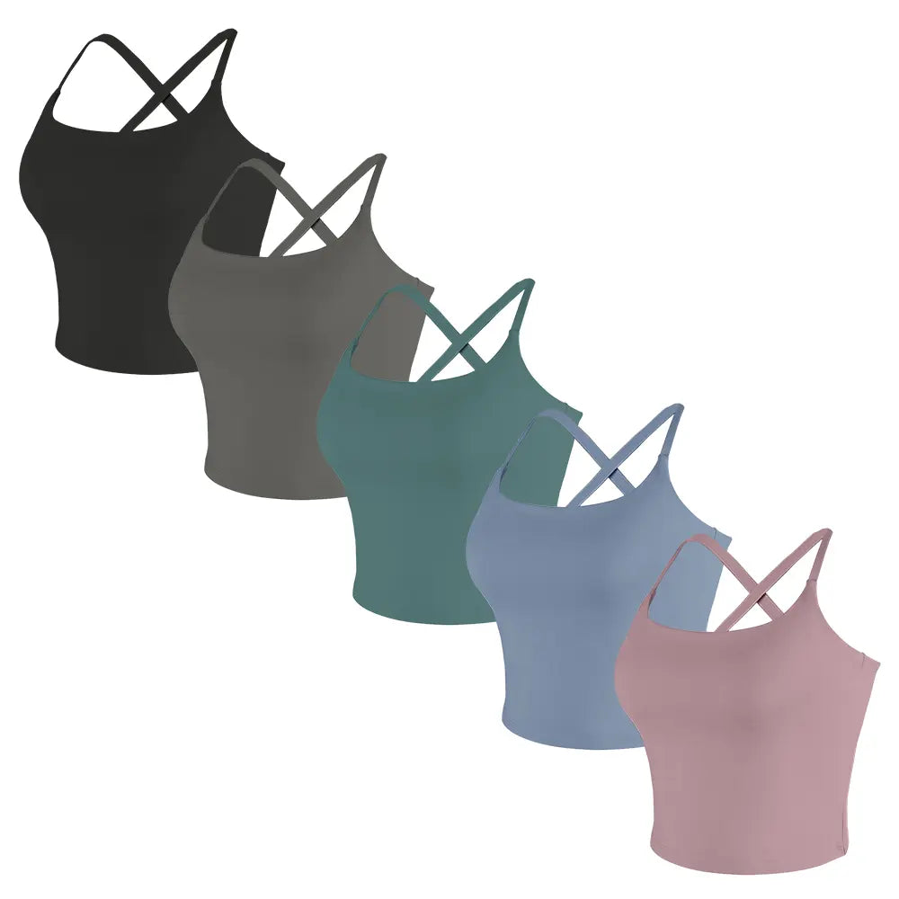 CRAZY YOGA 1/3/5 PCS Adjustable Straps Built-In Bra Tank Top - Criss Cross VS Spaghetti Thin Straps & Scoop Neck, Slim Cute Buttery Soft Thicker Fabric Longline Sports Bra with Built-In One-Piece Bra Pads Yoga Wear Fitness Yoga Gym Activewear