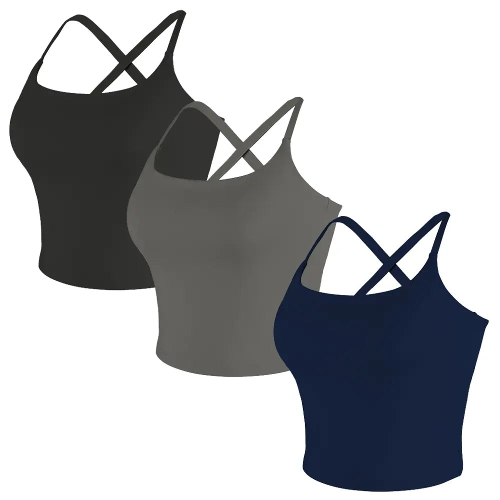 CRAZY YOGA 1/3/5 PCS Adjustable Straps Built-In Bra Tank Top - Criss Cross VS Spaghetti Thin Straps & Scoop Neck, Slim Cute Buttery Soft Thicker Fabric Longline Sports Bra with Built-In One-Piece Bra Pads Yoga Wear Fitness Yoga Gym Activewear
