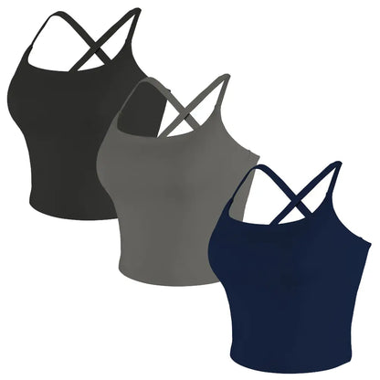 CRAZY YOGA 1/3/5 PCS Adjustable Straps Built-In Bra Tank Top - Criss Cross VS Spaghetti Thin Straps & Scoop Neck, Slim Cute Buttery Soft Thicker Fabric Longline Sports Bra with Built-In One-Piece Bra Pads Yoga Wear Fitness Yoga Gym Activewear