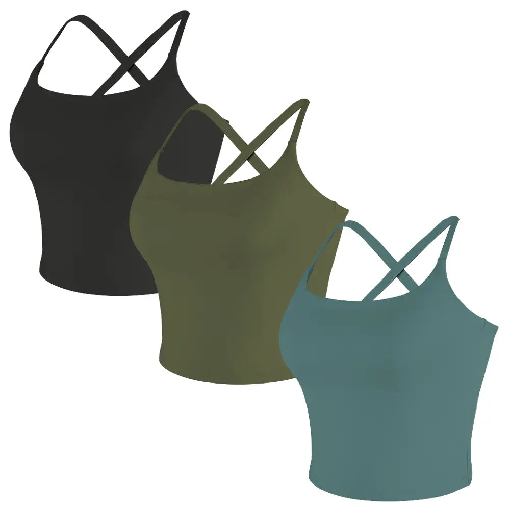 CRAZY YOGA 1/3/5 PCS Adjustable Straps Built-In Bra Tank Top - Criss Cross VS Spaghetti Thin Straps & Scoop Neck, Slim Cute Buttery Soft Thicker Fabric Longline Sports Bra with Built-In One-Piece Bra Pads Yoga Wear Fitness Yoga Gym Activewear