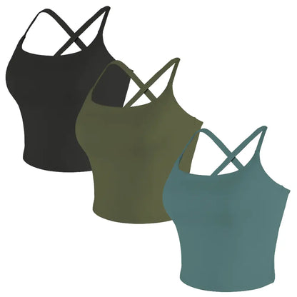 CRAZY YOGA 1/3/5 PCS Adjustable Straps Built-In Bra Tank Top - Criss Cross VS Spaghetti Thin Straps & Scoop Neck, Slim Cute Buttery Soft Thicker Fabric Longline Sports Bra with Built-In One-Piece Bra Pads Yoga Wear Fitness Yoga Gym Activewear