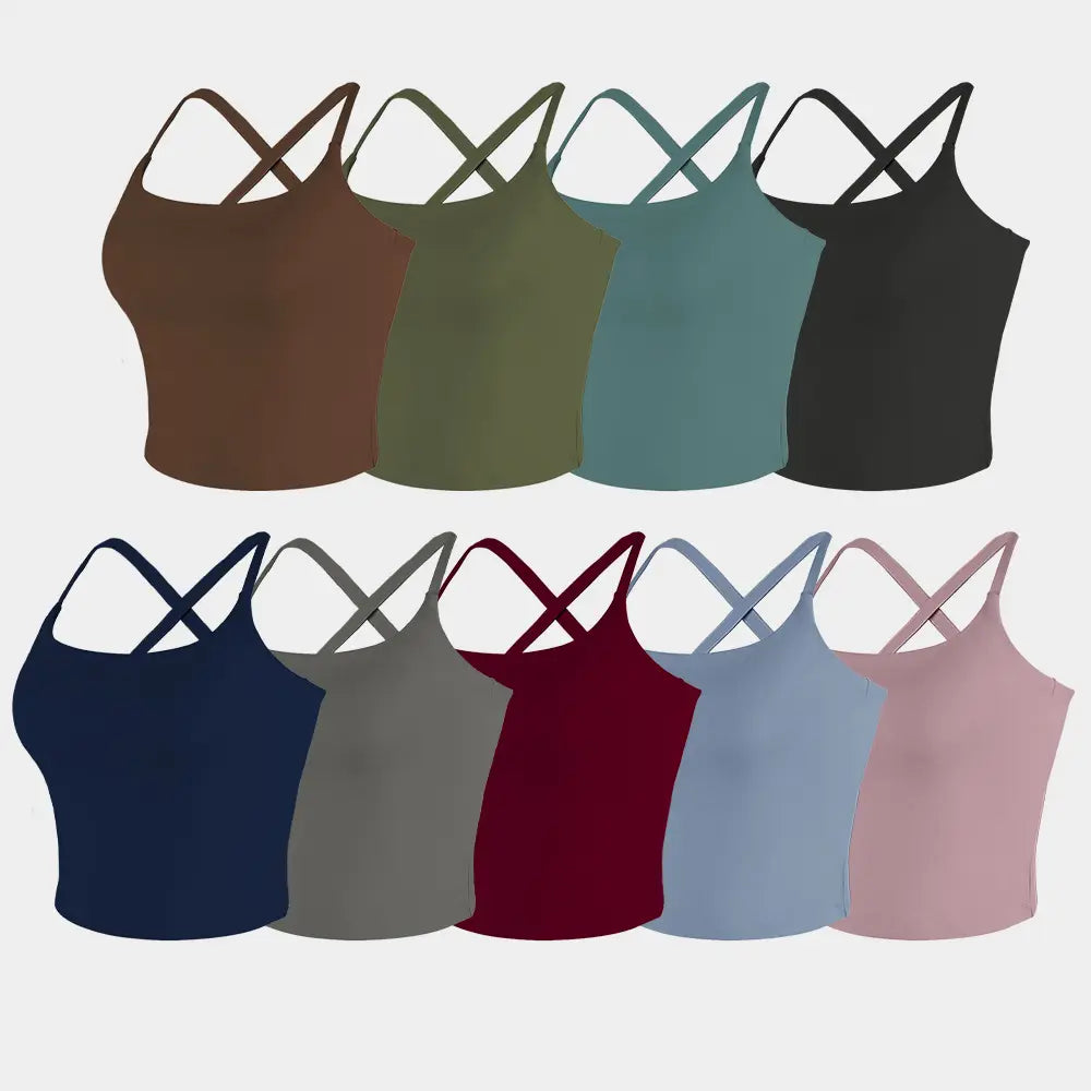 CRAZY YOGA 1/3/5 PCS Adjustable Straps Built-In Bra Tank Top - Criss Cross VS Spaghetti Thin Straps & Scoop Neck, Slim Cute Buttery Soft Thicker Fabric Longline Sports Bra with Built-In One-Piece Bra Pads Yoga Wear Fitness Yoga Gym Activewear