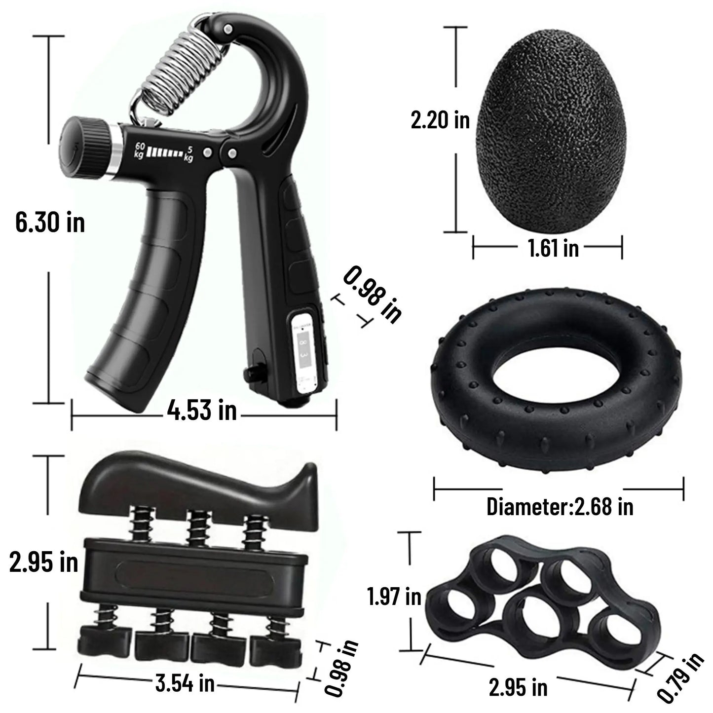 5-In-1 Adjustable Hand Grip Set, Forearm Trainer Gripper Finger Exerciser Grip Ring Stress Ball for Athletes