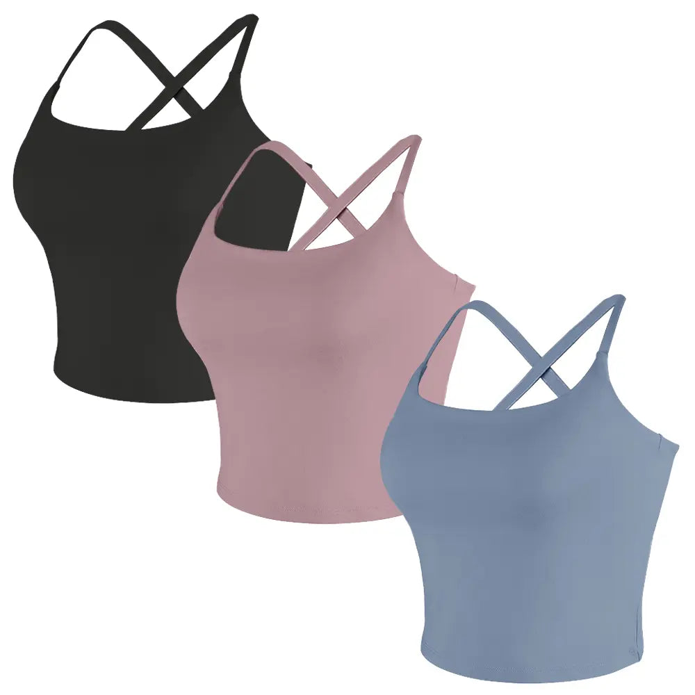 CRAZY YOGA 1/3/5 PCS Adjustable Straps Built-In Bra Tank Top - Criss Cross VS Spaghetti Thin Straps & Scoop Neck, Slim Cute Buttery Soft Thicker Fabric Longline Sports Bra with Built-In One-Piece Bra Pads Yoga Wear Fitness Yoga Gym Activewear