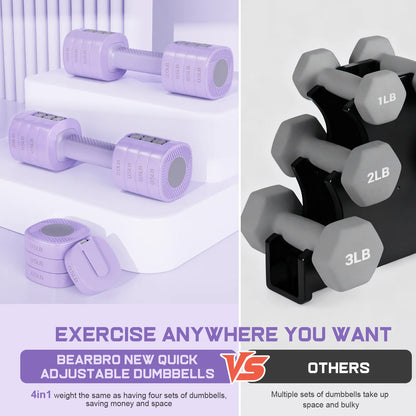 Adjustable Dumbbells 5 Lb Dumbbells Bearbro Set of 2 / Pair 10 Lb Total Free Weights 4 in 1 Women Hand Weights for Home,Office,Gym Exercise Training 2Lb 3Lb 4Lb 5Lb Fast Adjust