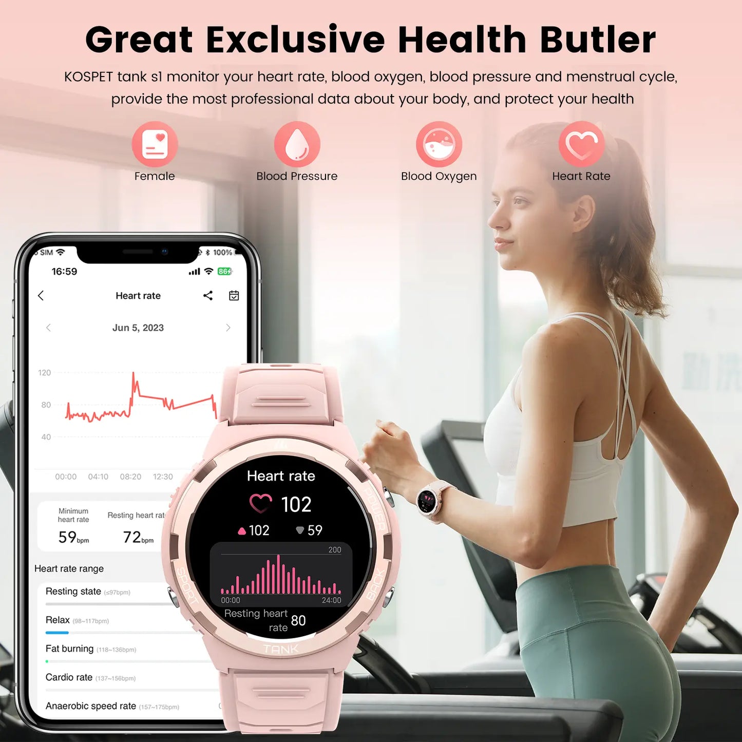 KOSPET S1 Bluetooth Smartwatch for Women Pink Wristwatch with AMOLED Display Health and FANCY LOOK with Tracker Long Battery Life 50M Waterproof Rugged for Fitness Sports Android Ios Compatible Giftforher - Aluminium,New Year Pick