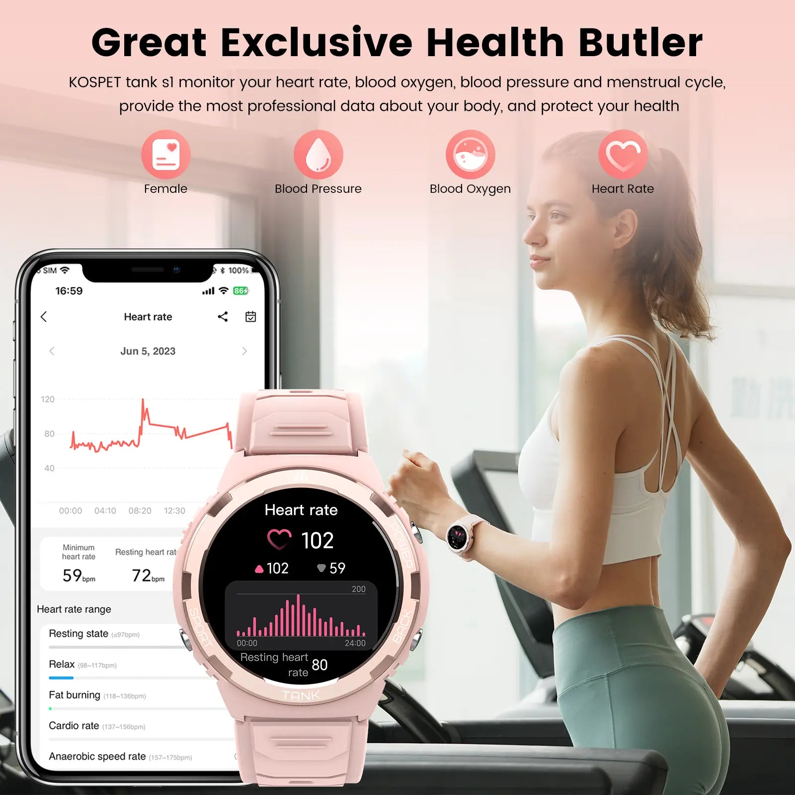 KOSPET S1 Bluetooth Smartwatch for Women Pink Wristwatch with AMOLED Display Health and FANCY LOOK with Tracker Long Battery Life 50M Waterproof Rugged for Fitness Sports Android Ios Compatible Giftforher - Aluminium,New Year Pick