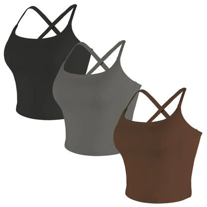 CRAZY YOGA 1/3/5 PCS Adjustable Straps Built-In Bra Tank Top - Criss Cross VS Spaghetti Thin Straps & Scoop Neck, Slim Cute Buttery Soft Thicker Fabric Longline Sports Bra with Built-In One-Piece Bra Pads Yoga Wear Fitness Yoga Gym Activewear
