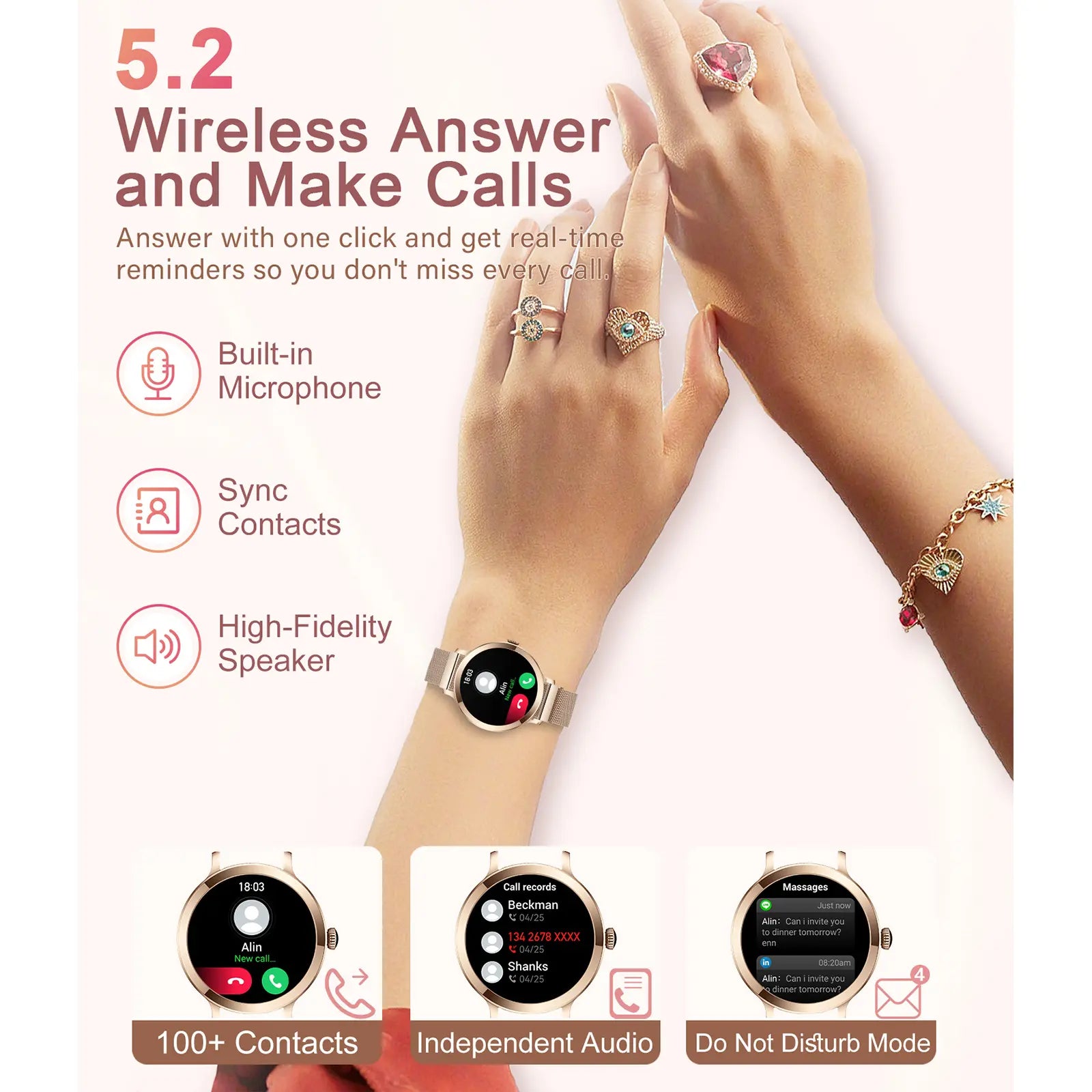 Smart Watch for Women, 1.106" AMOLED Small Screen Smartwatch Answer/Make Call for Android Ios Phones, IP68 Waterproof Fitness Activity Tracker with 100+ Sports, Heart Rate, Spo2,