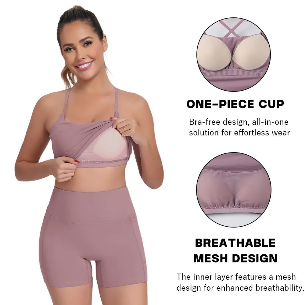 CRAZY YOGA 1/3/5 PCS Adjustable Straps Built-In Bra Tank Top - Criss Cross VS Spaghetti Thin Straps & Scoop Neck, Slim Cute Buttery Soft Thicker Fabric Longline Sports Bra with Built-In One-Piece Bra Pads Yoga Wear Fitness Yoga Gym Activewear