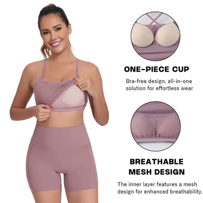 CRAZY YOGA 1/3/5 PCS Adjustable Straps Built-In Bra Tank Top - Criss Cross VS Spaghetti Thin Straps & Scoop Neck, Slim Cute Buttery Soft Thicker Fabric Longline Sports Bra with Built-In One-Piece Bra Pads Yoga Wear Fitness Yoga Gym Activewear