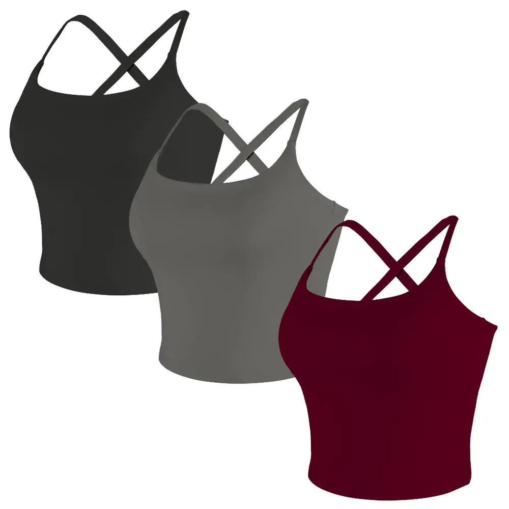 CRAZY YOGA 1/3/5 PCS Adjustable Straps Built-In Bra Tank Top - Criss Cross VS Spaghetti Thin Straps & Scoop Neck, Slim Cute Buttery Soft Thicker Fabric Longline Sports Bra with Built-In One-Piece Bra Pads Yoga Wear Fitness Yoga Gym Activewear