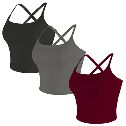 CRAZY YOGA 1/3/5 PCS Adjustable Straps Built-In Bra Tank Top - Criss Cross VS Spaghetti Thin Straps & Scoop Neck, Slim Cute Buttery Soft Thicker Fabric Longline Sports Bra with Built-In One-Piece Bra Pads Yoga Wear Fitness Yoga Gym Activewear