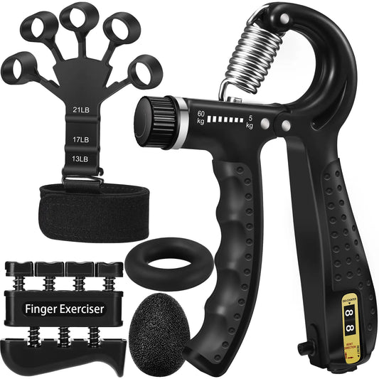 Hand Grip Strengthener Kit (5-In-1) | Grip Strength Trainer with Finger Exerciser, Forearm Strengthener, Stress Relief Ball & Hand Workout Ring for Muscle Building, Recovery & Therapy Forearm Exerciser Adjustable