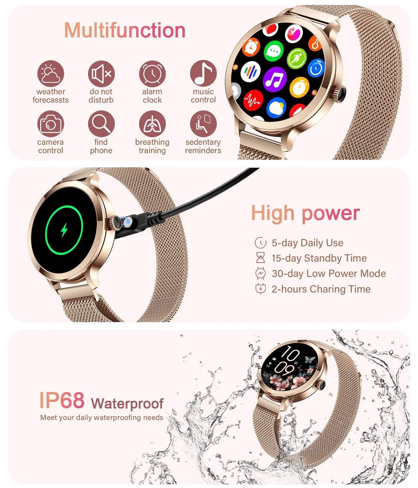 Smart Watch for Women, 1.106" AMOLED Small Screen Smartwatch Answer/Make Call for Android Ios Phones, IP68 Waterproof Fitness Activity Tracker with 100+ Sports, Heart Rate, Spo2,
