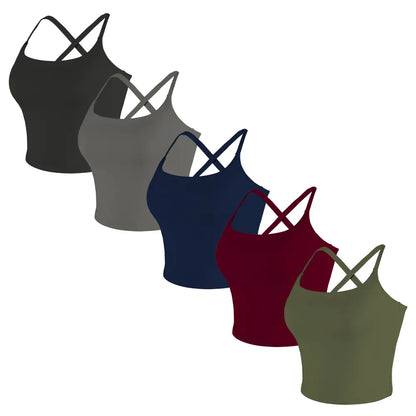 CRAZY YOGA 1/3/5 PCS Adjustable Straps Built-In Bra Tank Top - Criss Cross VS Spaghetti Thin Straps & Scoop Neck, Slim Cute Buttery Soft Thicker Fabric Longline Sports Bra with Built-In One-Piece Bra Pads Yoga Wear Fitness Yoga Gym Activewear