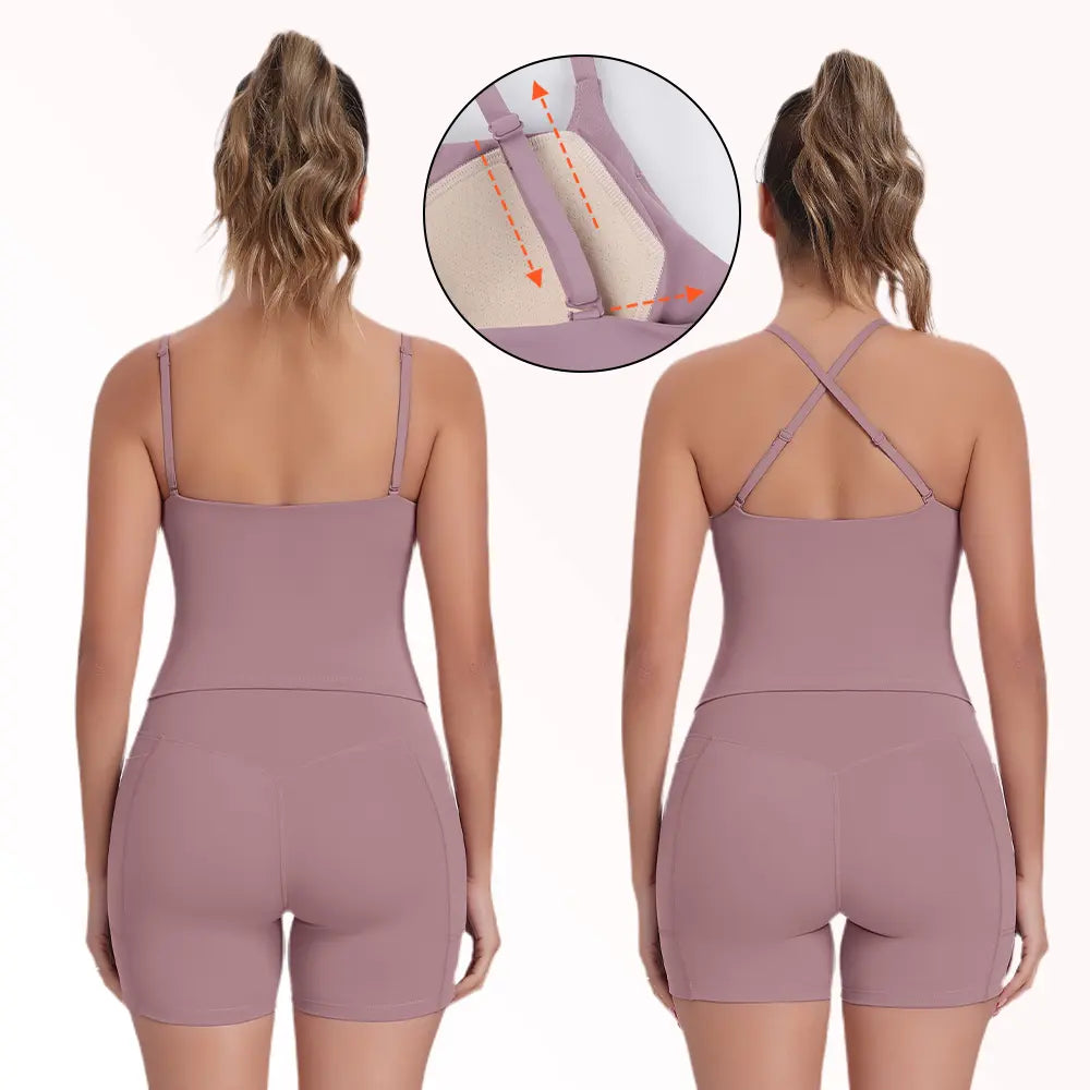 CRAZY YOGA 1/3/5 PCS Adjustable Straps Built-In Bra Tank Top - Criss Cross VS Spaghetti Thin Straps & Scoop Neck, Slim Cute Buttery Soft Thicker Fabric Longline Sports Bra with Built-In One-Piece Bra Pads Yoga Wear Fitness Yoga Gym Activewear