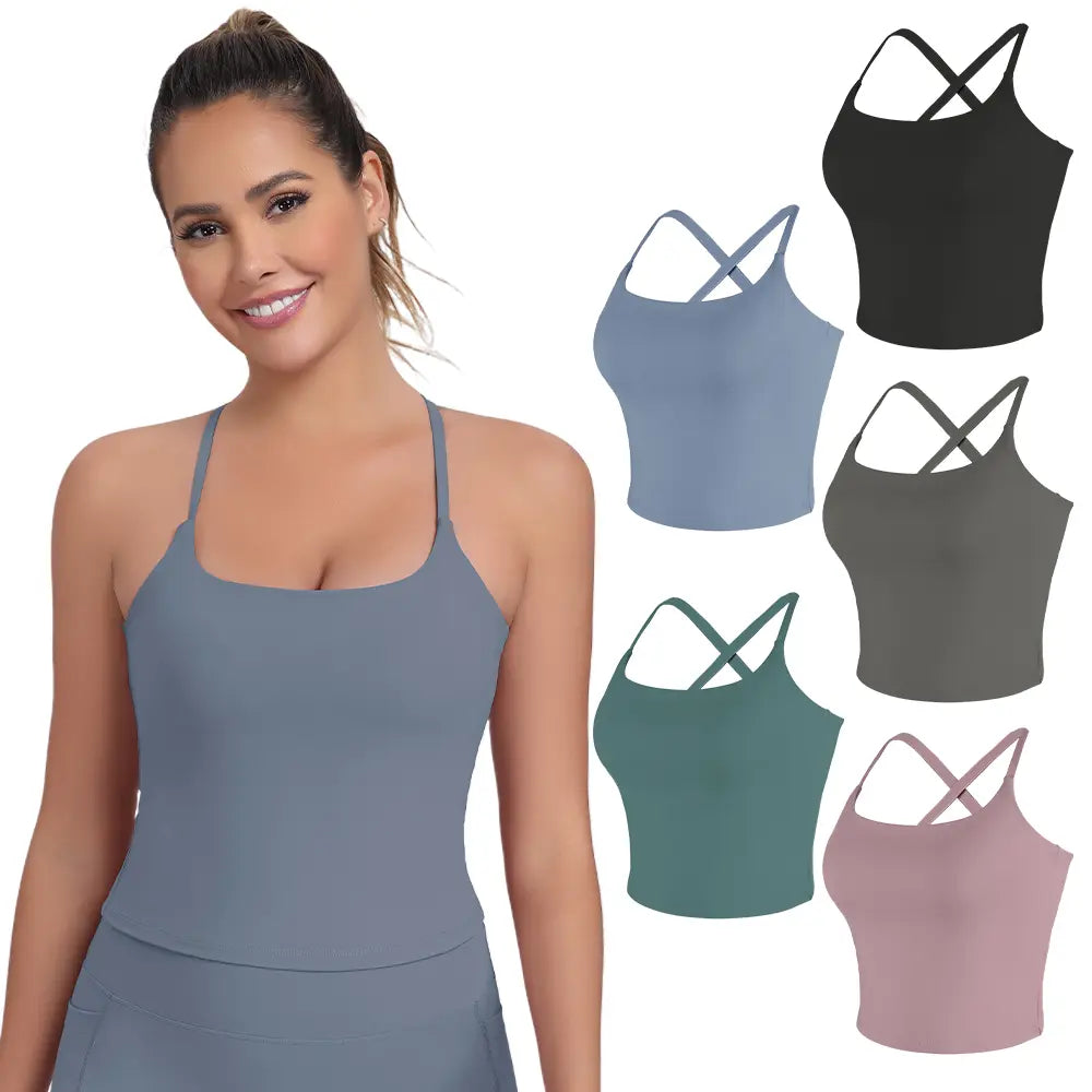 CRAZY YOGA 1/3/5 PCS Adjustable Straps Built-In Bra Tank Top - Criss Cross VS Spaghetti Thin Straps & Scoop Neck, Slim Cute Buttery Soft Thicker Fabric Longline Sports Bra with Built-In One-Piece Bra Pads Yoga Wear Fitness Yoga Gym Activewear